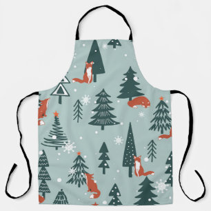 Foxes, fir-trees, winter, colourful pattern apron