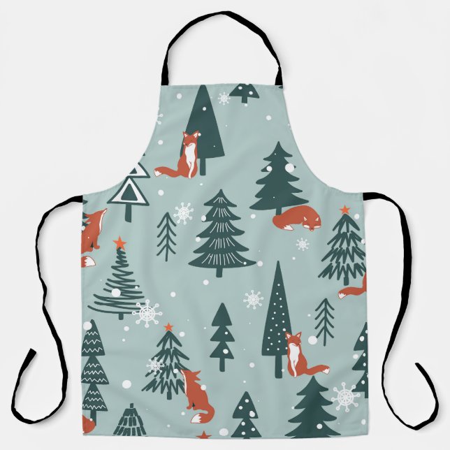 Foxes, fir-trees, winter, colourful pattern apron (Front)