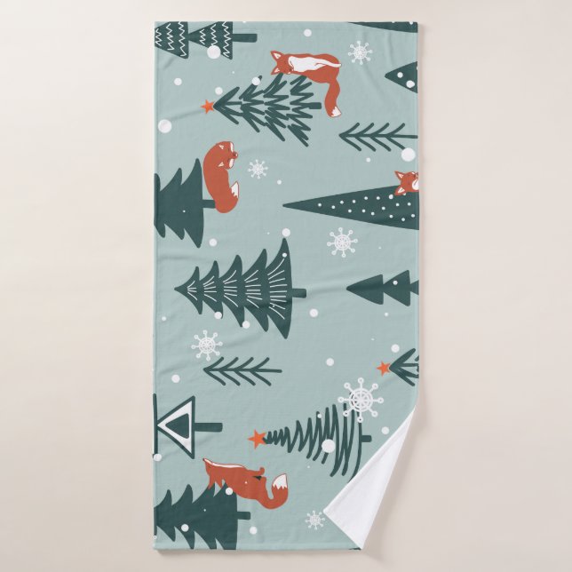 Foxes, fir-trees, winter, colourful pattern bath towel (Bath Towel)