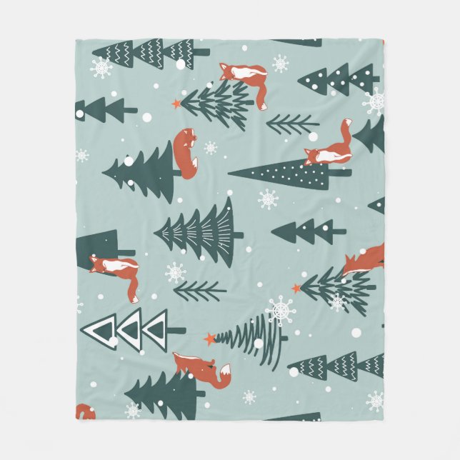Foxes, fir-trees, winter, colourful pattern fleece blanket (Front)