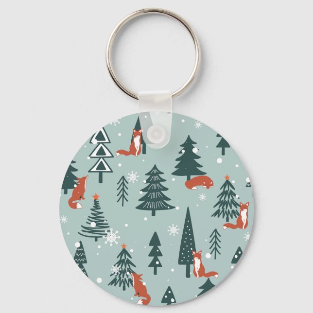 Foxes, fir-trees, winter, colourful pattern key ring (Front)