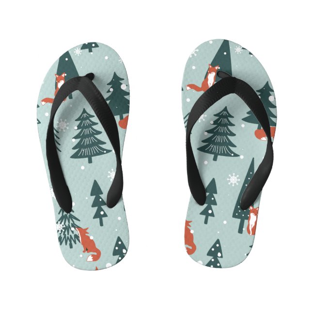 Foxes, fir-trees, winter, colourful pattern kid's jandals (Footbed)