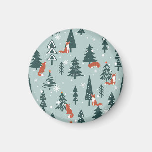 Foxes, fir-trees, winter, colourful pattern magnet