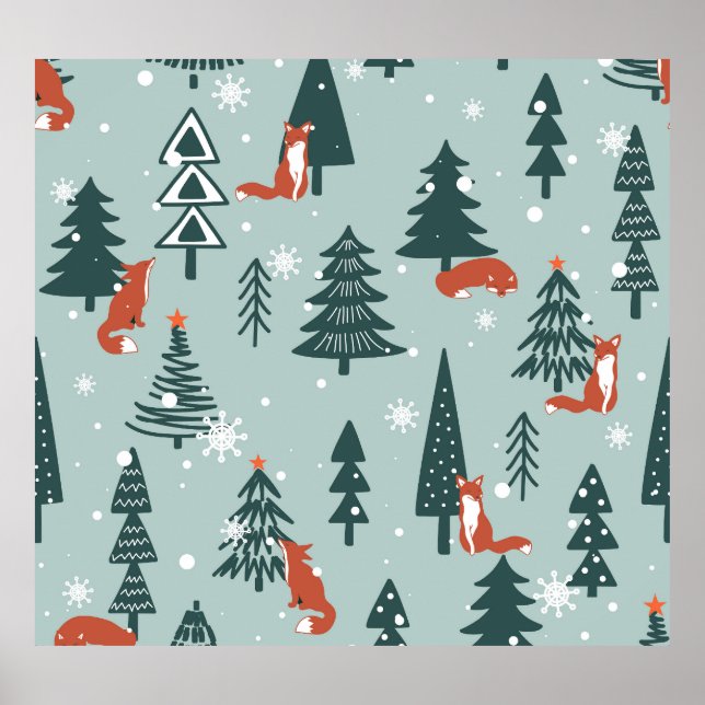 Foxes, fir-trees, winter, colourful pattern poster (Front)