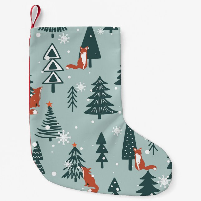 Foxes, fir-trees, winter, colourful pattern small christmas stocking (Front)