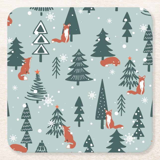 Foxes, fir-trees, winter, colourful pattern square paper coaster (Front)