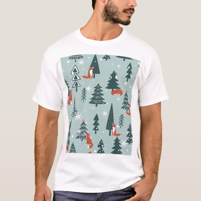 Foxes, fir-trees, winter, colourful pattern T-Shirt (Front)
