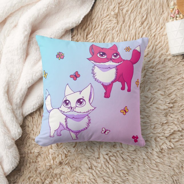 Foxes Flower & Butterflies, Modern Throw Pillow (Blanket)
