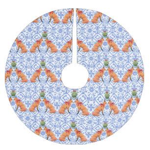 Foxes Kissing Under Mistletoe Blue Chinoiserie Brushed Polyester Tree Skirt