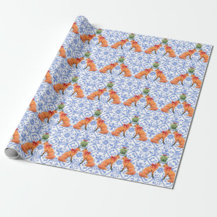 Foxes Kissing Under Mistletoe Blue Chinoiserie Wrapping Paper