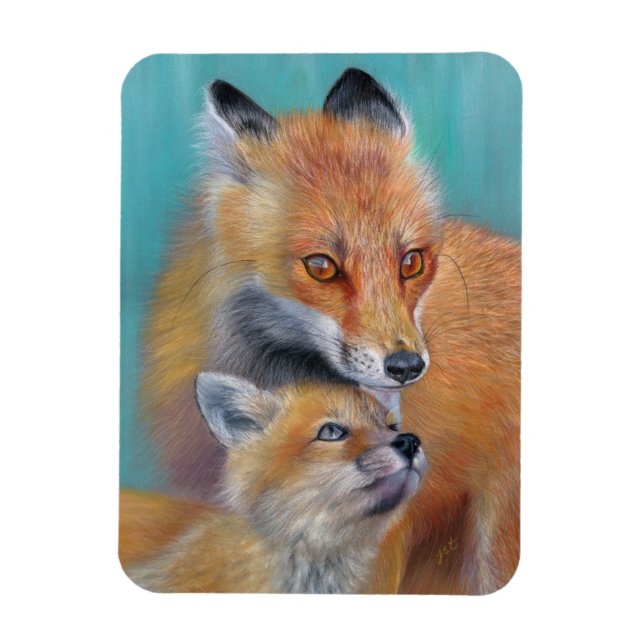 Foxes magnet. Fox mother and cub. Magnet (Vertical)