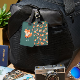 Foxes on forest green, cute Luggage Tag