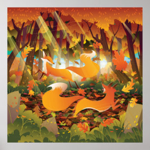Foxes Playing in Autumn Forest Poster