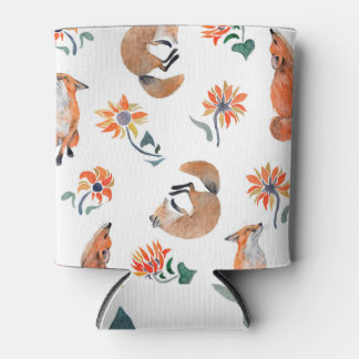 Foxes Sunflowers: Watercolor Pattern Illustration Can Cooler