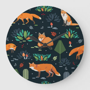 Foxes Trees Leaves Dark Background Large Clock