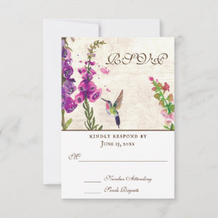 Foxglove Flowers, Hummingbird All In One Wedding RSVP Card