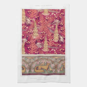 Foxglove flowers pheasants and foxes art nouveau tea towel
