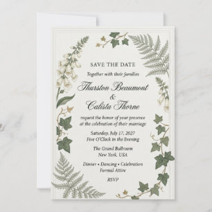 Foxgloves, Ivy Leaves, Fern Fronds, Double Line Bo Invitation