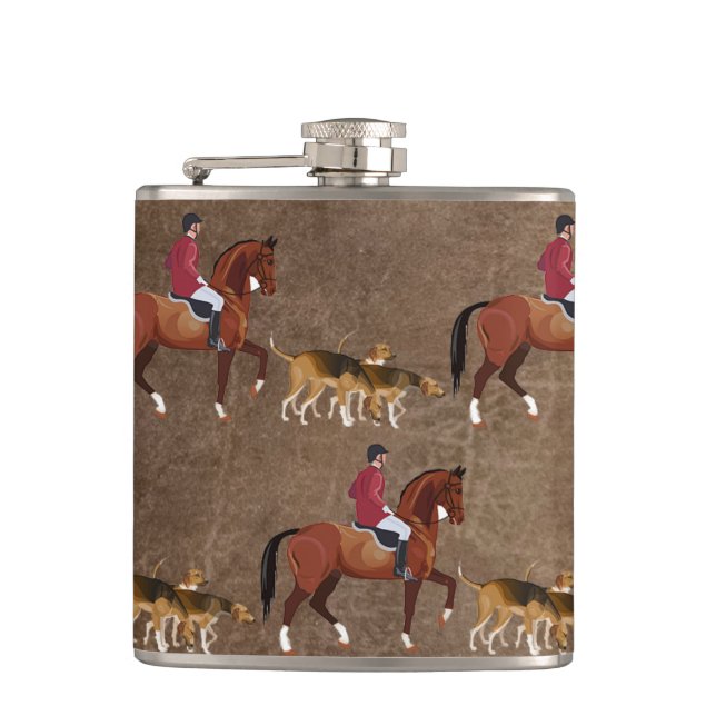 Foxhunting horse rider and hounds hip flask (Front)