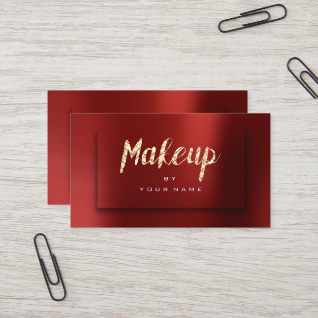 Foxier Gold Burgundy Typograph Makeup Artist 3D Business Card (Front/Back In Situ)