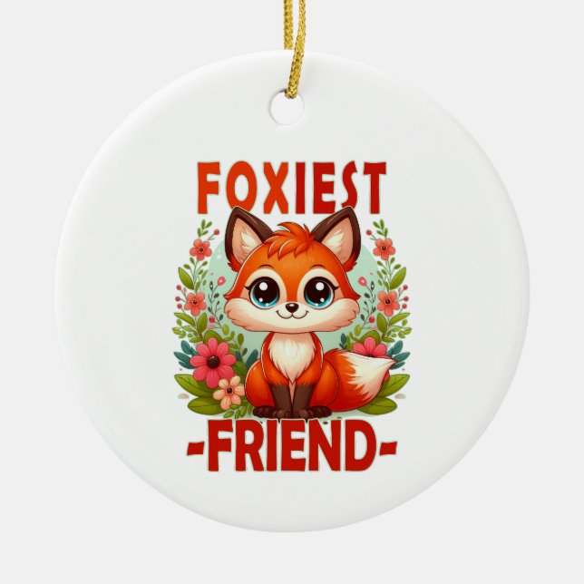 Foxiest Friend pun. Cute Baby Fox puppy cartoon Ceramic Tree Decoration (Front)