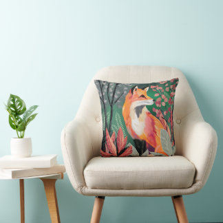 Fox's Enchanted Forest Hand-Painted Nature Illustr Cushion