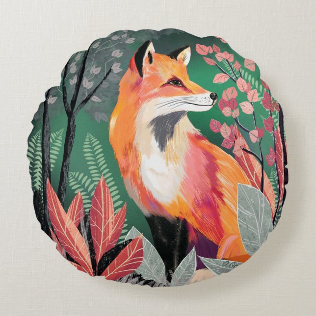 Fox's Enchanted Forest Hand-Painted Nature Illustr Round Cushion (Front)