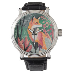 Fox's Enchanted Forest Hand-Painted Nature Illustr Watch