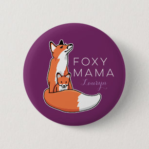 Foxy Mama Red Fox with Pup, Personalised 6 Cm Round Badge