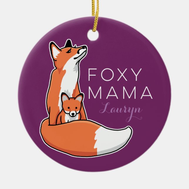 Foxy Mama Red Fox with Pup, Personalised Ceramic Tree Decoration (Front)