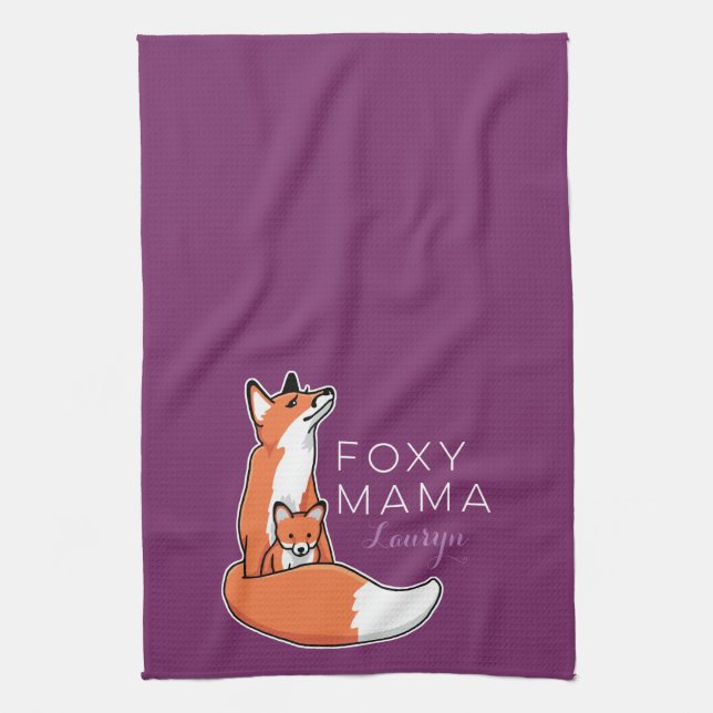 Foxy Mama Red Fox with Pup, Personalised Tea Towel (Vertical)