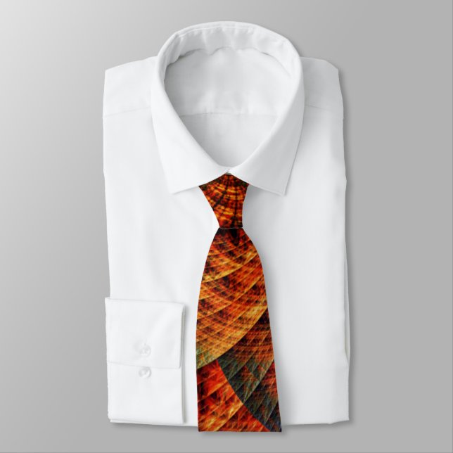 Fractal Abstract Swirls Orange Gold Neck Tie (Tied)