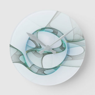 Fractal Art Blue Turquoise Grey Abstract Elegance Round Clock