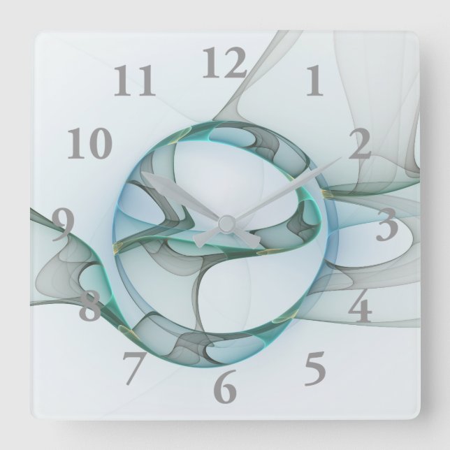 Fractal Art Blue Turquoise Grey Abstract Elegance Square Wall Clock (Front)
