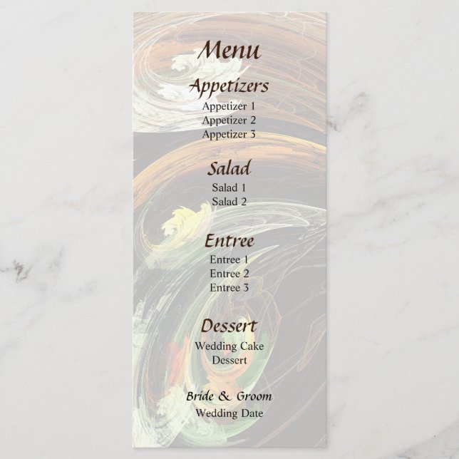 Fractal - Autumn Leaves Swirling Wind Wedding Menu (Front)