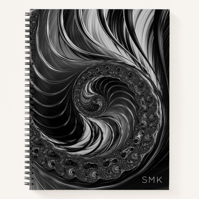 Fractal Black White Golden Ratio Nautilus Monogram Notebook (Front)