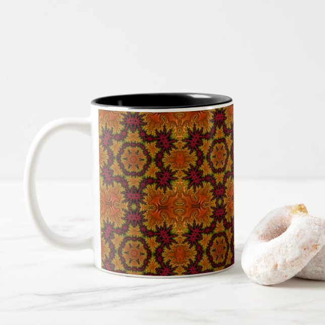 Fractal Bloom in Autumn Hues  Two-Tone Coffee Mug (With Donut)