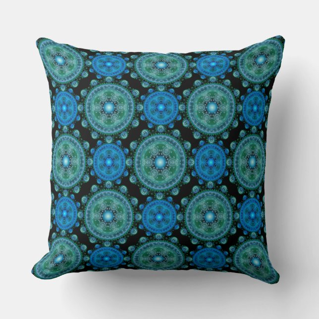Fractal blue green oriental pattern cushion (Front)