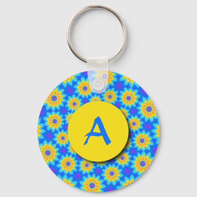 Fractal Blue Patchwork Daisies Monogram Keychain (Front)