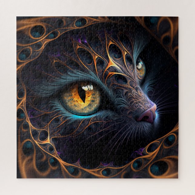 Fractal Cat Face in Black and Vibrant Colours Jigsaw Puzzle (Vertical)