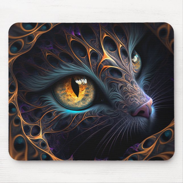 Fractal Cat Face in Black and Vibrant Colours Mouse Pad (Front)