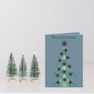 Fractal Christmas Tree Snowflakes and Star Blue  Holiday Card