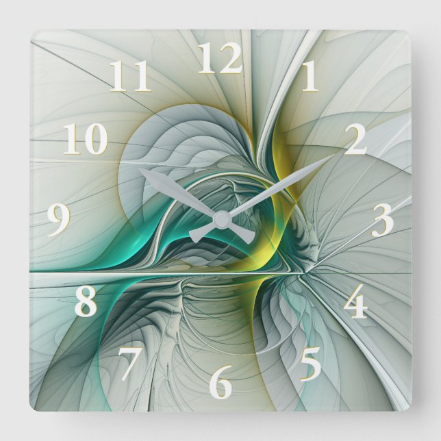 Fractal Evolution, Golden Turquoise Abstract Art Square Wall Clock (Front)