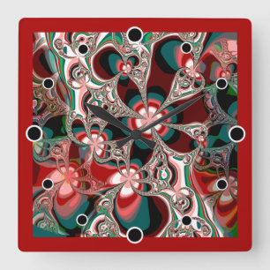 Fractal Floral in shades of Red and Green Square Wall Clock