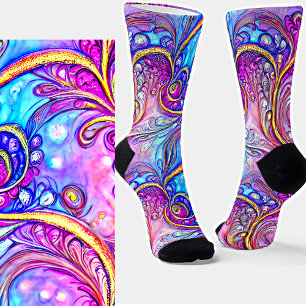 Fractal Flowers Blue Mauve Gold  Socks