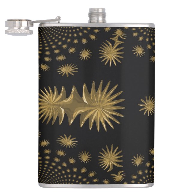fractal golden stars,black background hip flask (Opened)