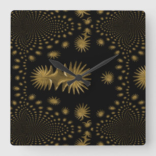 fractal golden stars,black background square wall clock