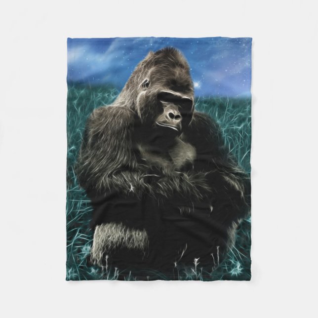 Fractal Gorilla in the meadow Fleece Blanket (Front)