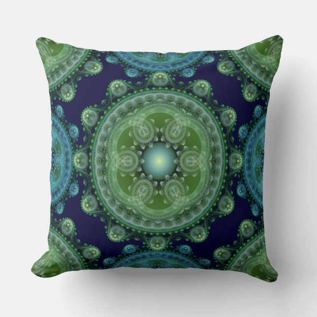 Fractal green blue oriental decoration cushion (Front)