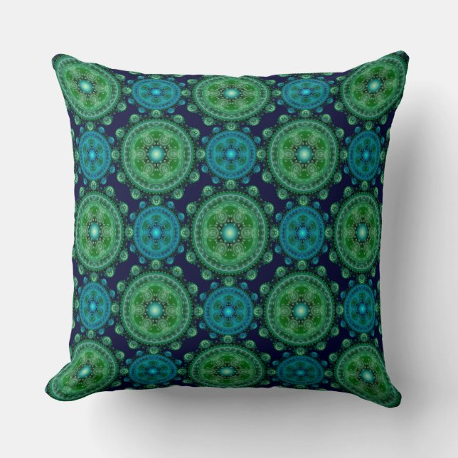 Fractal green blue oriental pattern cushion (Front)
